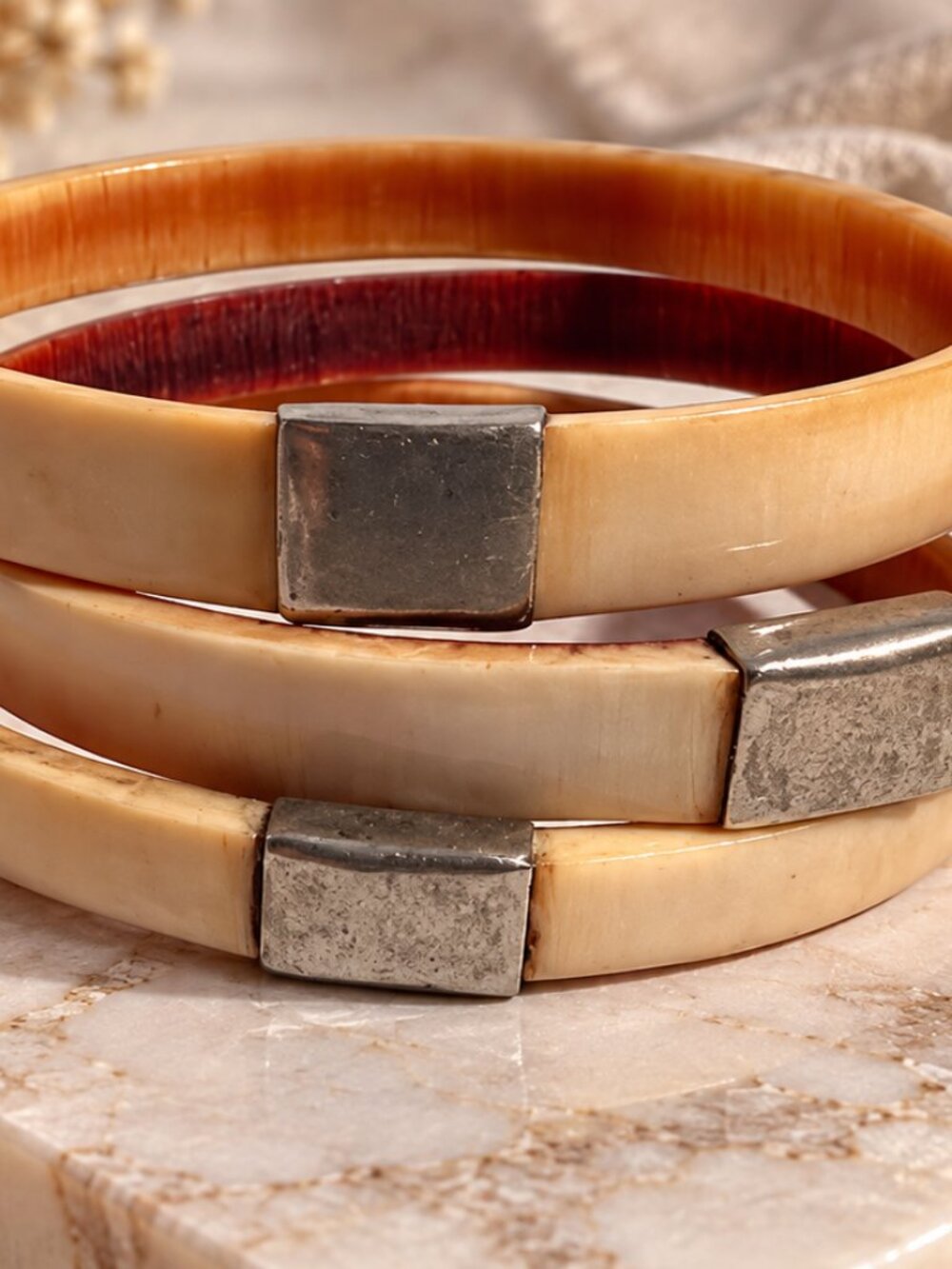 Vintage Bone & Metal Accent Bangle Bracelet Set